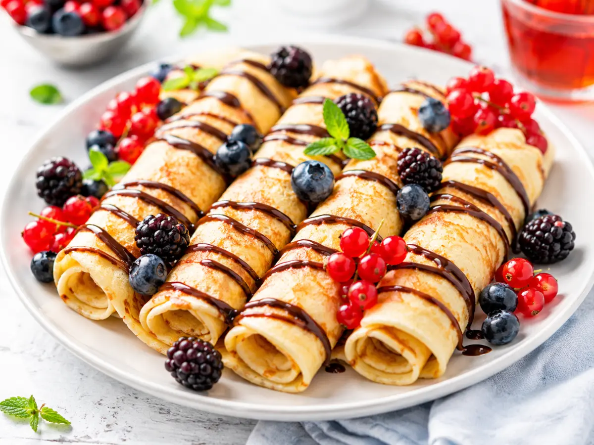 Crêpes roulées au chocolat avec fruits rouges