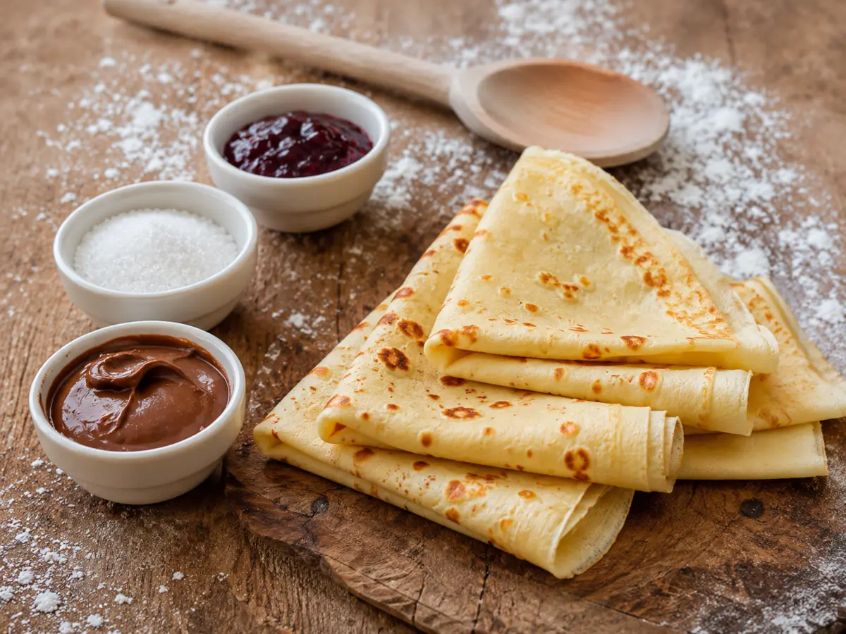 Crêpes pliées avec sucre, confiture et chocolat