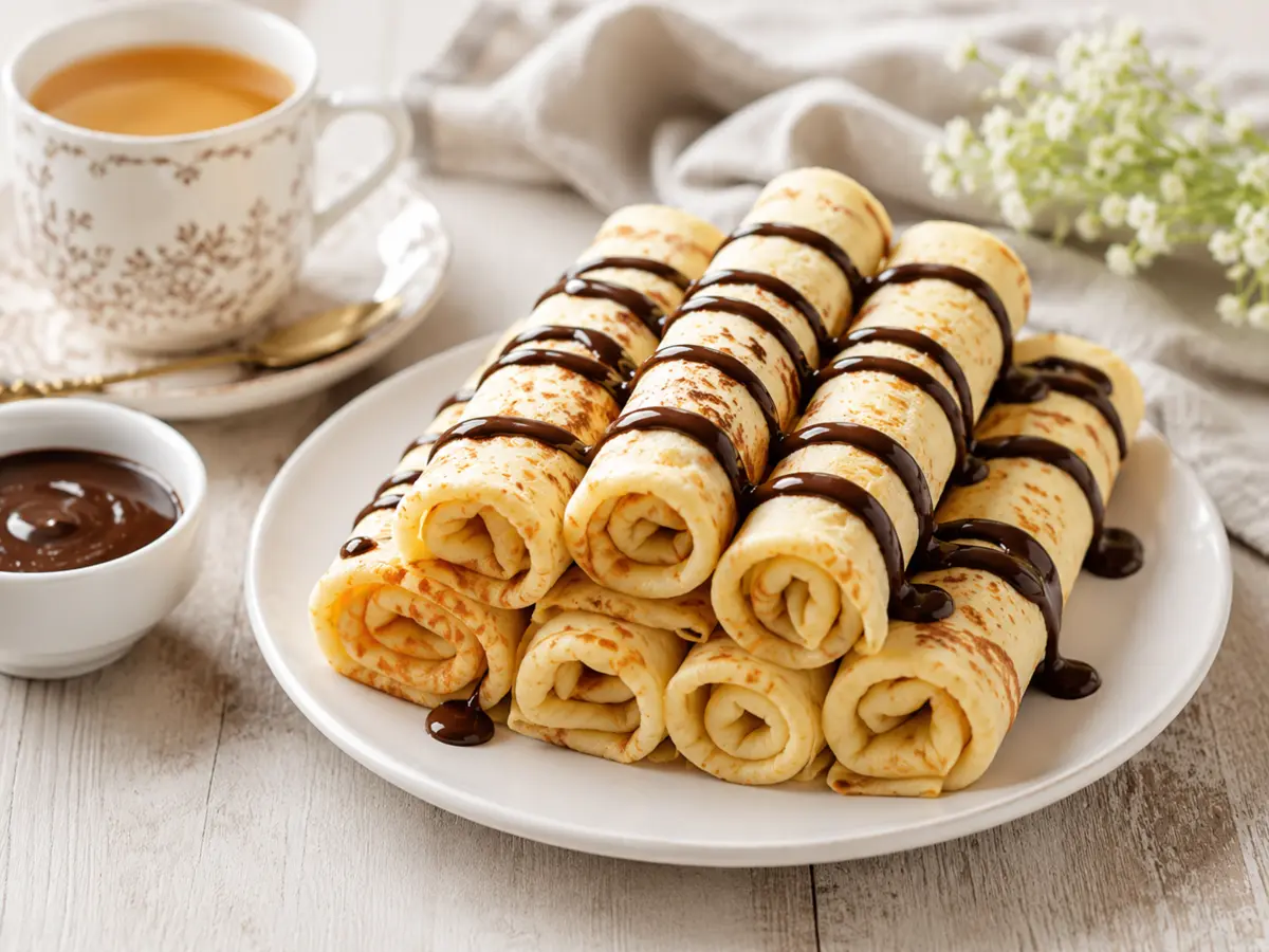 Crêpes roulées au chocolat servies avec du thé