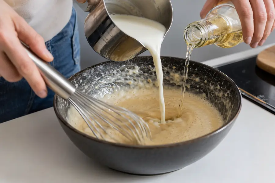 Ajouter lait et bière — Pâte à crêpes express