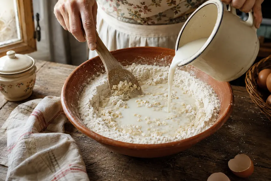 Incorporer le lait — Crêpes de ma grand-mère