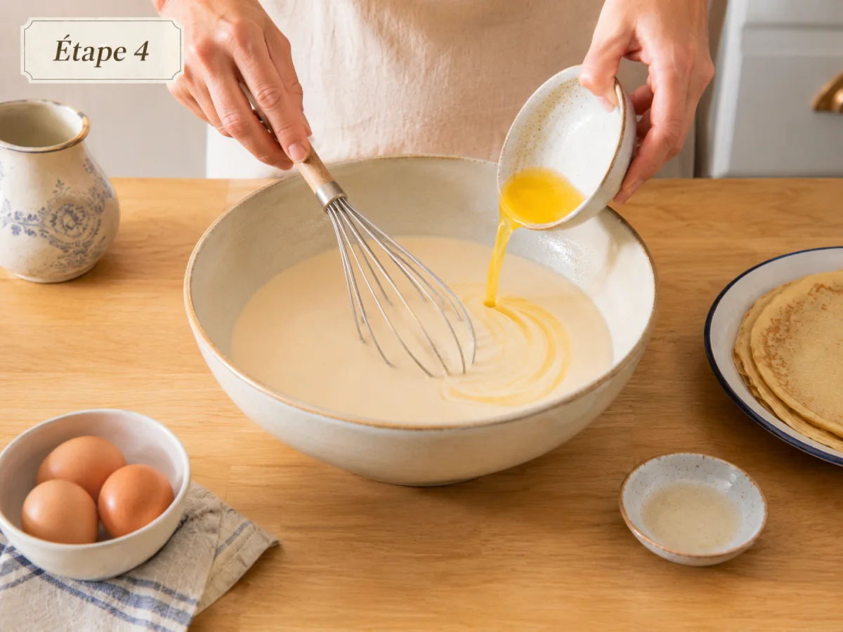 Beurre fondu incorporé dans une pâte à crêpes lisse