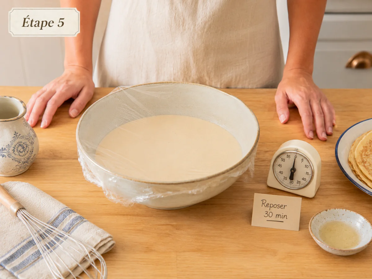 Pâte à crêpes couverte et laissée au repos