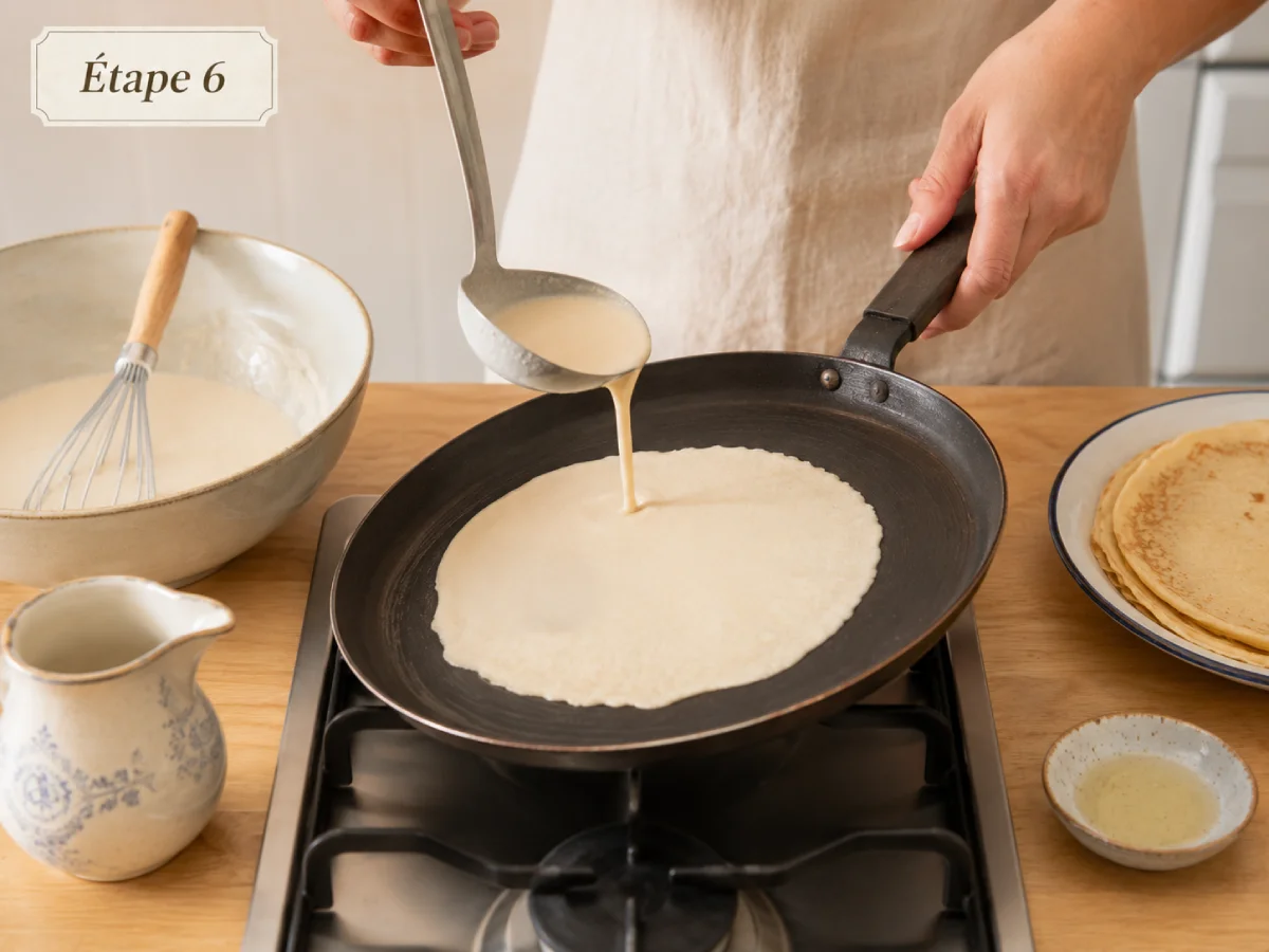 Pâte à crêpes versée et répartie dans une poêle chaude