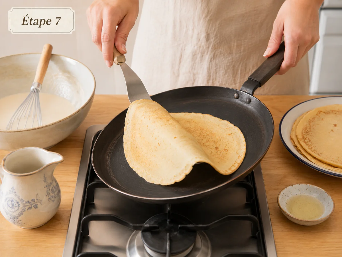 Crêpe dorée retournée avec une spatule
