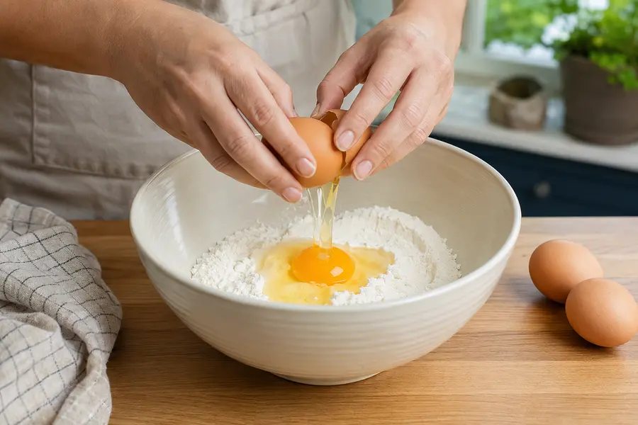 Mélanger farine et œufs — Pâte à crêpes simple